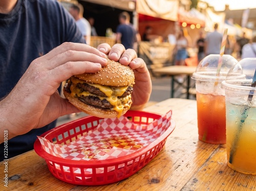 Person holding large juicy double cheeseburger at outdoor food market table with sandwich fastfood daylight appetite delicious.