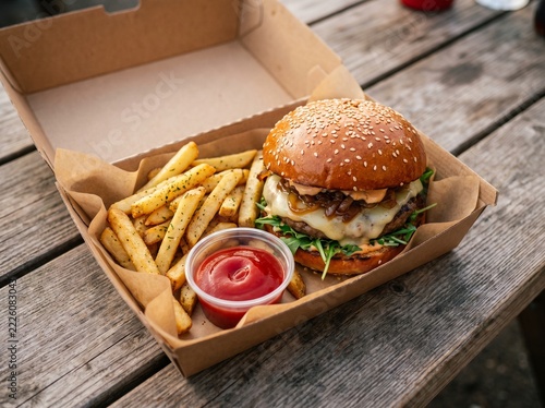 Delicious cheeseburger with french fries and ketchup in takeaway cardboard box fastfood potatoes container appetizing delivery.