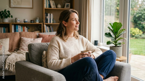 Woman relaxing in armchair with coffee looking out window at garden home comfort peaceful moment