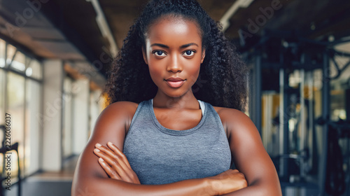 Fitness Queen A powerful and confident woman with athletic build poses with crossed arms in a modern gym setting, radiating strength and determination.