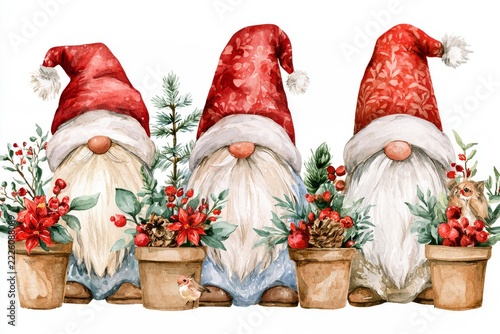 Set of cute bohemian gnomes with Santa hats on and winter themes on them on white backgrounds
