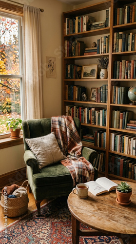 Cozy reading nook with green armchair bookshelves and a warm blanket by the window