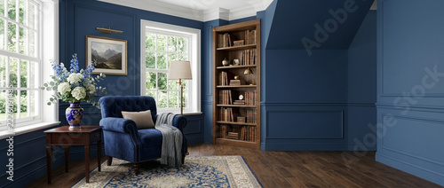 Cozy reading nook with plush blue armchair vintage bookshelf and floral arrangement