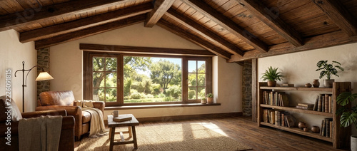 Cozy Rustic Living Room with Large Window View of Lush Greenery and Natural Wood Beams