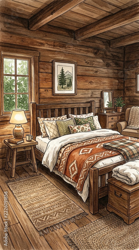 Cozy Rustic Bedroom Interior with Log Walls Wooden Furniture and Nature Inspired Decor Warm Ambiance