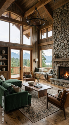 Cozy Rustic Living Room with Stone Fireplace and Mountain Views