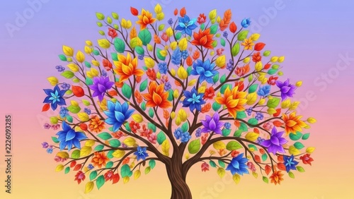 Colorful fantasy tree with flowers and bright leaves