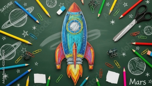 Colorful rocket drawing on a black chalkboard
