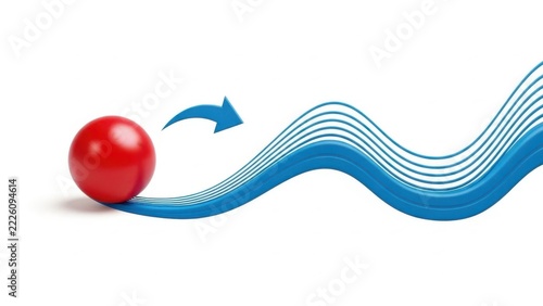 Red ball with blue arrow and wavy lines graphic