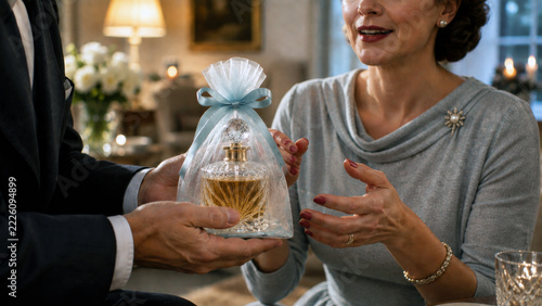 Elegant mature woman receiving a crystal perfume bottle wrapped in sheer fabric with a blue ribbon as a luxury gift