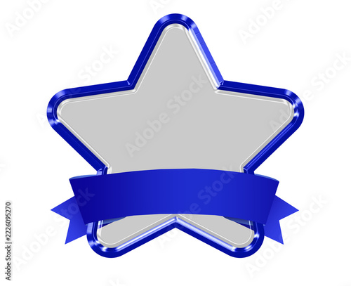 3D Light Blue Glass Five Point Star Badge with Glossy Blue Metallic Chrome Border and Blank Blue Ribbon Banner, Futuristic Premium Award Emblem,Reflective Glass Frame Isolated on Transparent Backgroud