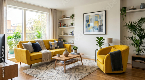 Cozy modern living room with bright yellow sofa armchair coffee table shelves and artwork Natural light floods the space