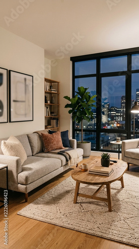 Cozy modern living room with cityscape view at dusk comfortable sofa wooden coffee table and large plant