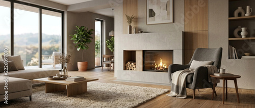 Cozy modern living room with fireplace comfortable armchair sofa and large windows overlooking a scenic view