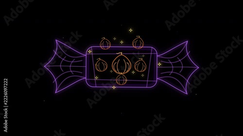 A glowing neon Halloween candy wrapping animation with floating pumpkins inside.