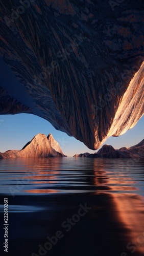 Enormous dark rock mass hangs above sunlit mountains and reflective water. Extreme scale and warm highlights create a surreal cinematic landscape. 3d render illustration.