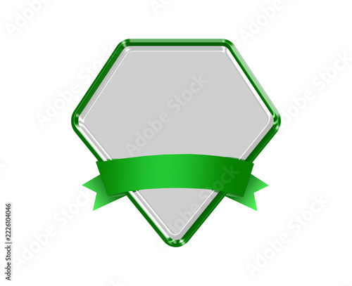 3D Green Glass Five Point Star Badge with Glossy Green Metallic Chrome Border and Blank Green Ribbon Banner, Modern Luxury Award Emblem, Reflective Glass Frame Isolated on Transparent Background