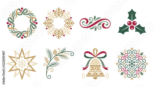 Christmas Winter Decorative Vector Bundle with Nordic Holiday Ornaments, Evergreen Flourishes and Festive Emblems