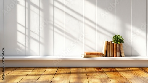 Bright Sunlight Illuminates White Wall Shelf with Books and Succulent