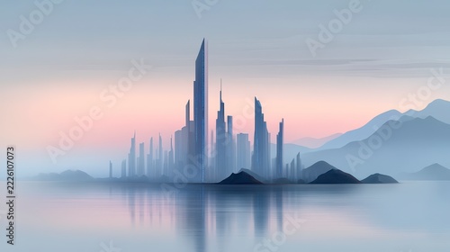 Futuristic City at Dawn Reflected in Calm Water