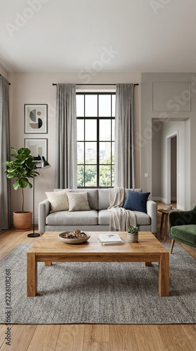 Cozy Living Room with Modern Sofa Wooden Coffee Table Plants and Natural Light