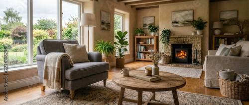 Cozy Living Room with Fireplace Armchair and Garden View