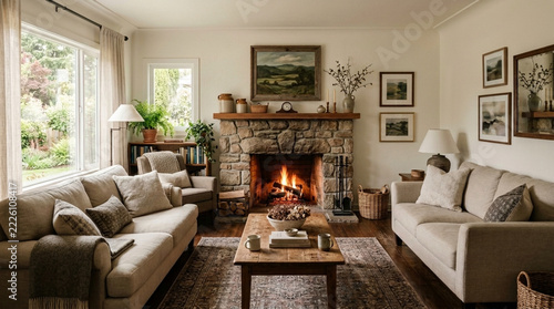 Cozy Living Room with Fireplace and Natural Light Rustic Home Interior