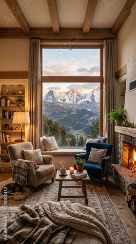Cozy living room with roaring fireplace and stunning mountain view through large window winter scene