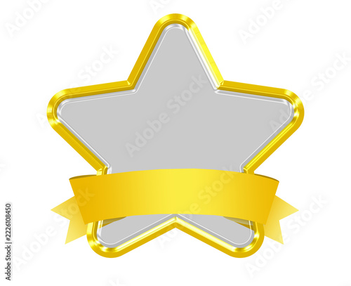 3D Gold Glass Five Point Star Badge with Glossy Gold Metallic Chrome Border and Blank Gold Ribbon Banner, Premium Luxury Award Emblem, Reflective Glass Frame Isolated on Transparent Background