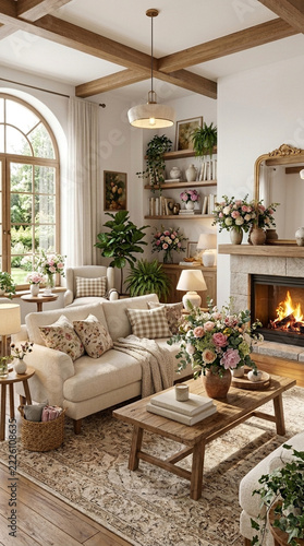 Cozy Living Room with Fireplace Floral Accents and Natural Light