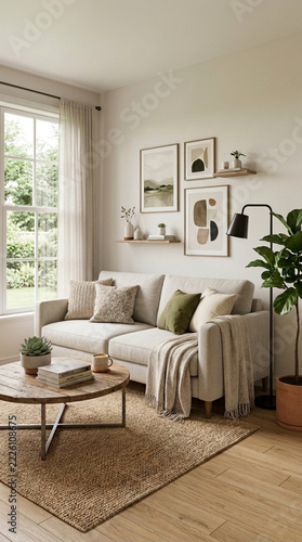 Cozy Living Room with Neutral Sofa Abstract Art and Natural Light Inviting Home Decor