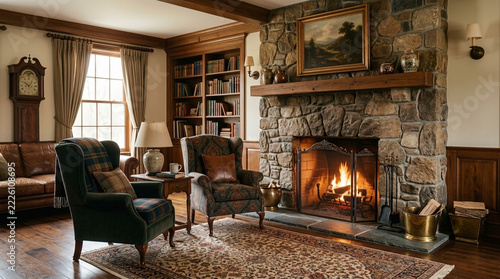 Cozy living room with fireplace leather sofa wingback chairs and bookshelves