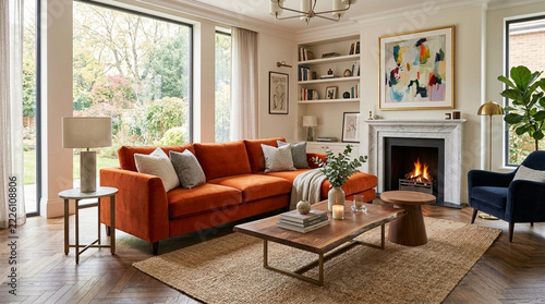 Cozy Living Room with Orange Sectional Sofa Fireplace and Large Window