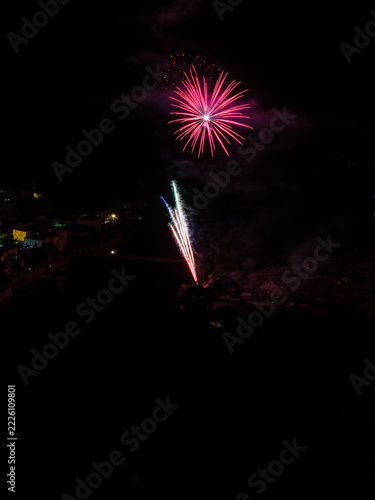 Pink Fireworks Above Douelle And The Lot River At Night