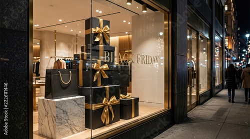Black friday shopping window display with elegant black gift boxes and gold ribbons on a marble pedestal in a city street at night