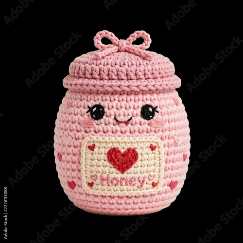 Kawaii amigurumi crochet craft of a charming pink honey pot with a smiling face and embroidered hearts isolated on black for a romantic Valentine's Day gift concept.