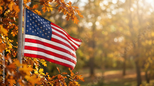 American flag waving outdoors against a scenic autumn forest background