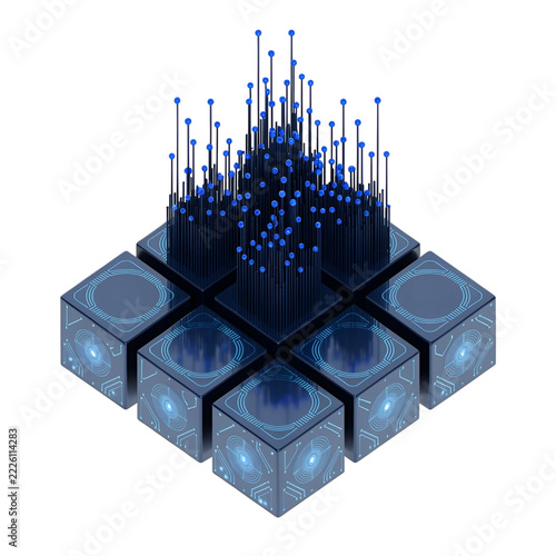 3D blue tech cubes with antenna network infrastructure data storage server concept isolated on white background   