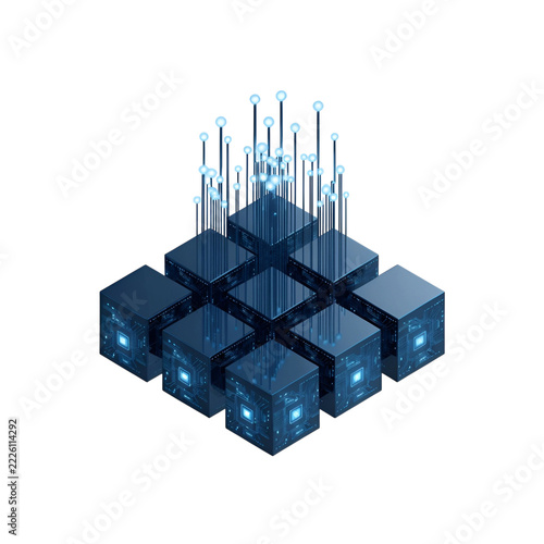3D blue tech cubes with antenna network infrastructure data storage server concept isolated on white background   