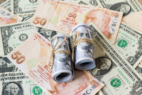Designed with rolled-up US dollars, fifty-Turkish-lira banknotes..A single US dollar is fifty Turkish liras