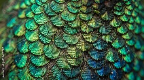 Close up view of beautiful shiny green and blue peacock feathers with a natural texture pattern