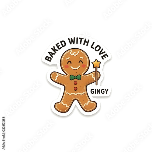 Baked With Love Gingerbread Man Christmas Sticker Design, Cute Gingy Character for Holiday Bakery and Craft