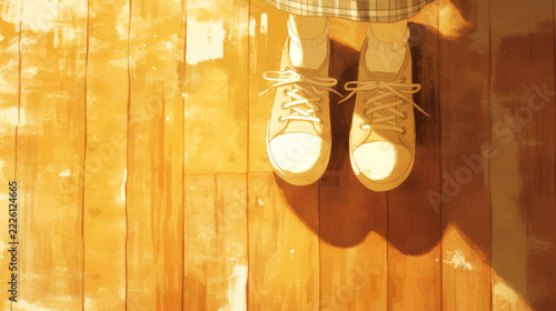 Illustration of white lace up sneakers and lower legs casting shadows on a sunlit wooden floor, viewed from above in a warm interior scene with golden tones