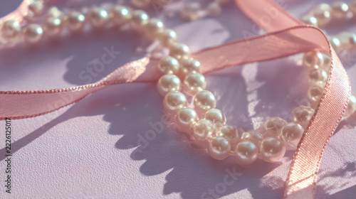 Cream pearl necklace with pink satin ribbon arranged on lavender textured surface, pastel jewelry styling, closeup still life with decorative fashion accessories