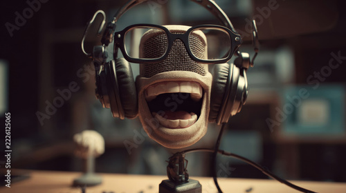 Humanoid robot head wearing glasses and headphones with open mouth, microphone grille, exposed neck joint, and studio equipment in dim indoor setting