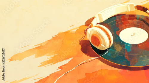 Vinyl record with headphones on colorful abstract painted background, warm orange and cream palette, overhead still life composition, retro music themed illustration
