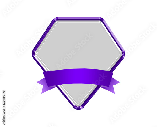 Glossy Glass Diamond Shaped Badge Emblem with Purple Metallic Chrome Border and Vibrant Purple Gradient Ribbon Banner, Futuristic 3D Glassmorphism Diamond Award Frame with Empty Center for Custom Text