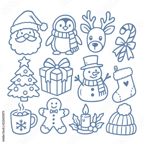 Blue Cute Winter and Christmas Doodle Icon Set. Hand drawn line art collection with Santa Claus, penguin, reindeer, snowman, Christmas tree, gift box, and hot cocoa.