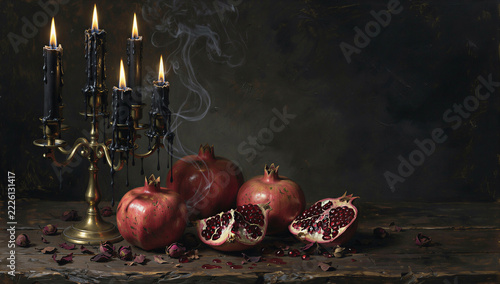 Moody Gothic Still Life with Vintage Brass Candelabra, Melting Black Candles, Fresh Ripe Pomegranates, and Wisp of Smoke on Dark Wooden Table