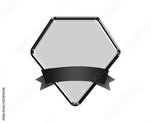 Glossy Glass Diamond Shaped Badge Emblem with Black Metallic Chrome Border and Black Gradient Ribbon Banner, Futuristic 3D Glassmorphism Diamond Award Frame with Empty Center for Custom Text